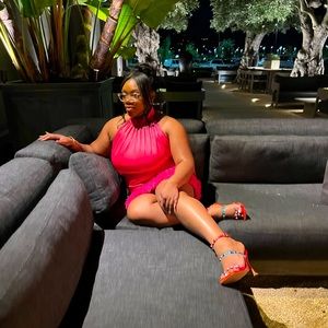 Satin halter tie mini dress with faux feather trim